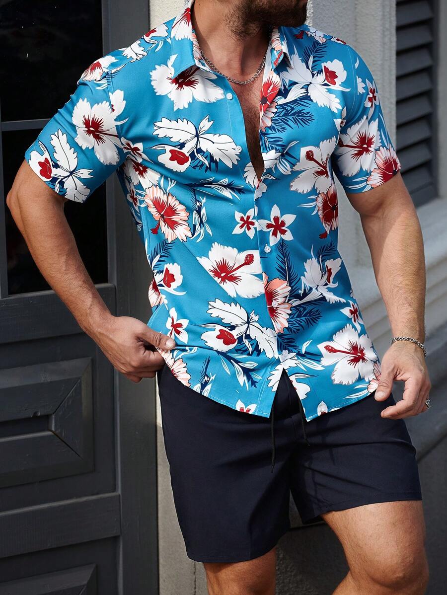Manfinity RSRT Manfinity RSRT Men's Floral Print Short Sleeve Single-Breasted Shirt And Shorts 2 Pieces Set, Men Two Pieces Outfits, Summer Shirts For Men, Men Shirts Tropical, Men Summer Shirts