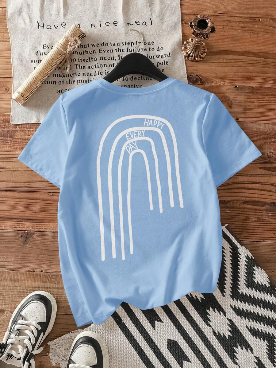 Attitoon Women's Casual Abstract Print English Text Round Neck Short Sleeve Loose T-Shirt, Pullover, Cotton Blend, Suitable For Summer