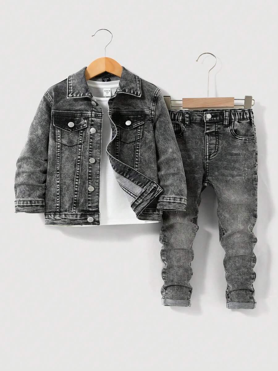 SHEIN Young Boys' 2pcs/Set Street Cool Retro Grey Denim Lapel Long Sleeve Denim Jacket And High Stretch Skinny Jeans,For Young Boys School And Daily Wear Clothes