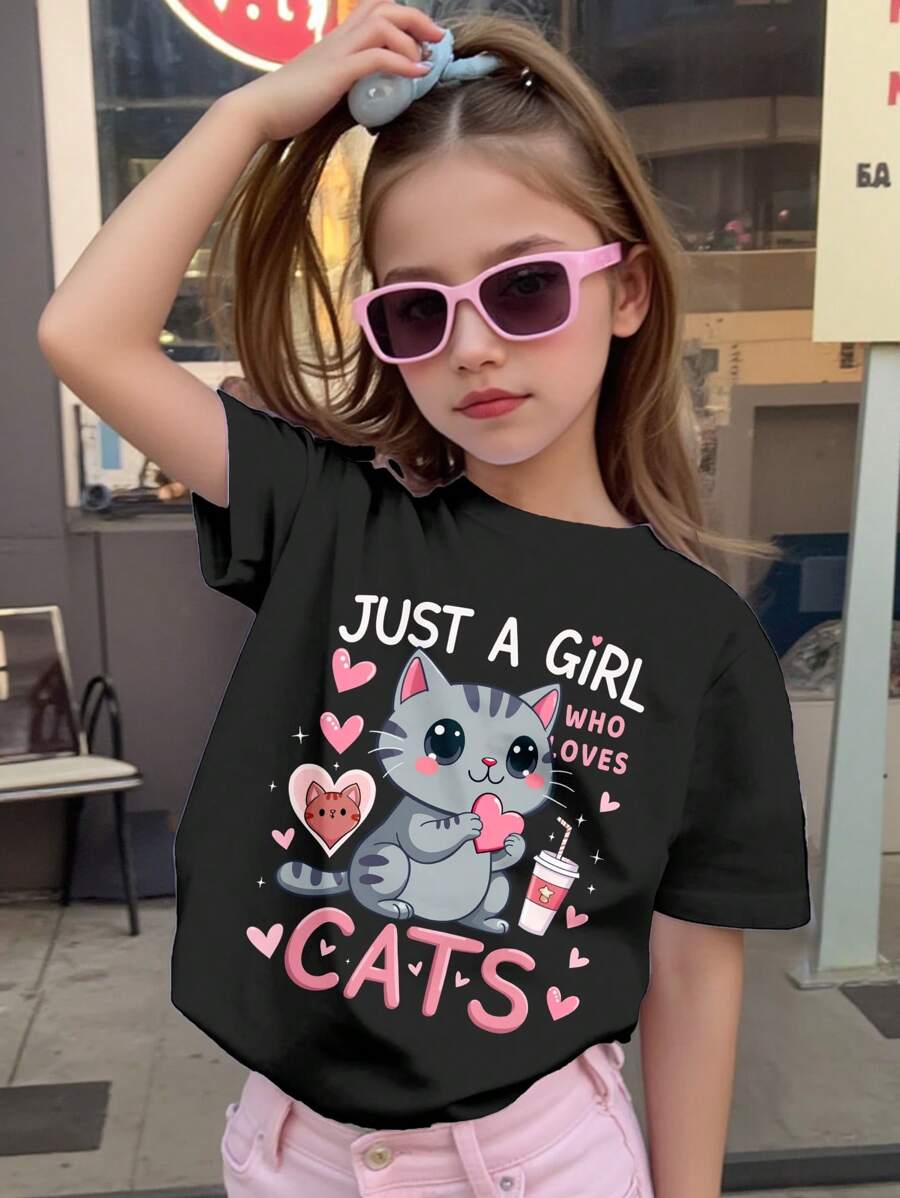 SHEIN Camiseta de manga corta, cuello redondo, minimalista y negra con estampado de gato corazón de dibujos animados "Sólo una chica que ama a los gatos" para niñas adolescentes, apta para primavera/verano