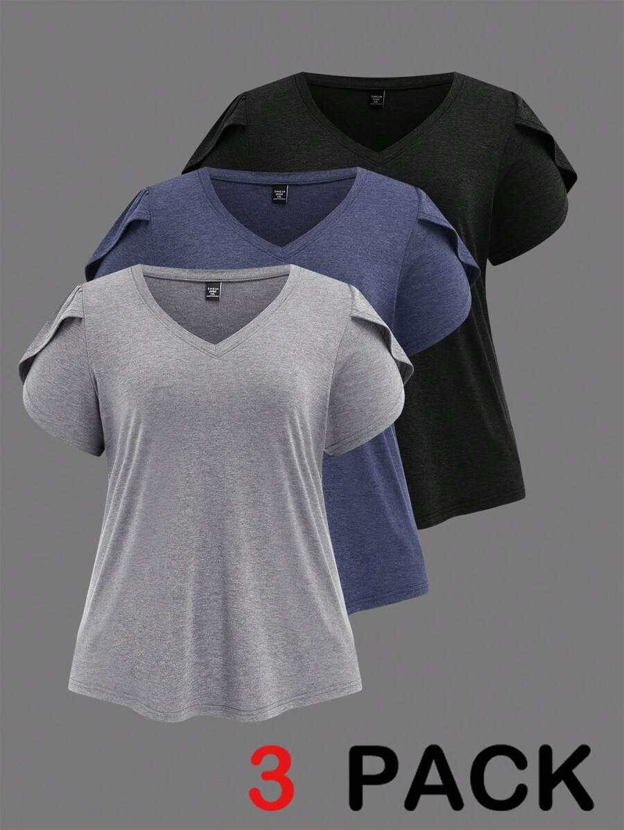 SHEIN LUNE Plus Size Casual Ruffle Sleeve Button Decor V-Neck Textured Knit T-Shirt, Cooling Dress, Stress Relief Outfit, Elegant Evening Long Gown, Fashion Women Lounge