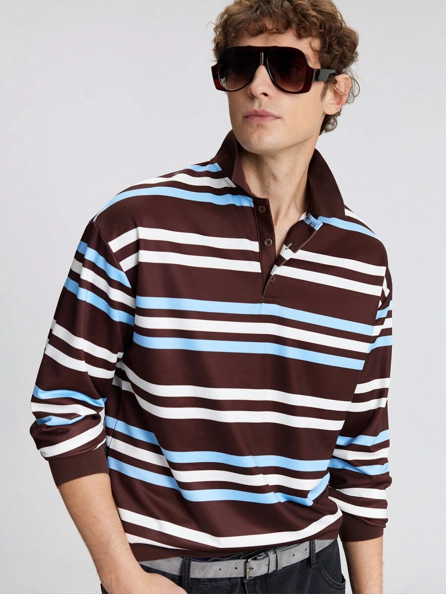 Ontre Camisa polo casual de manga larga con rayas para hombre, otoño