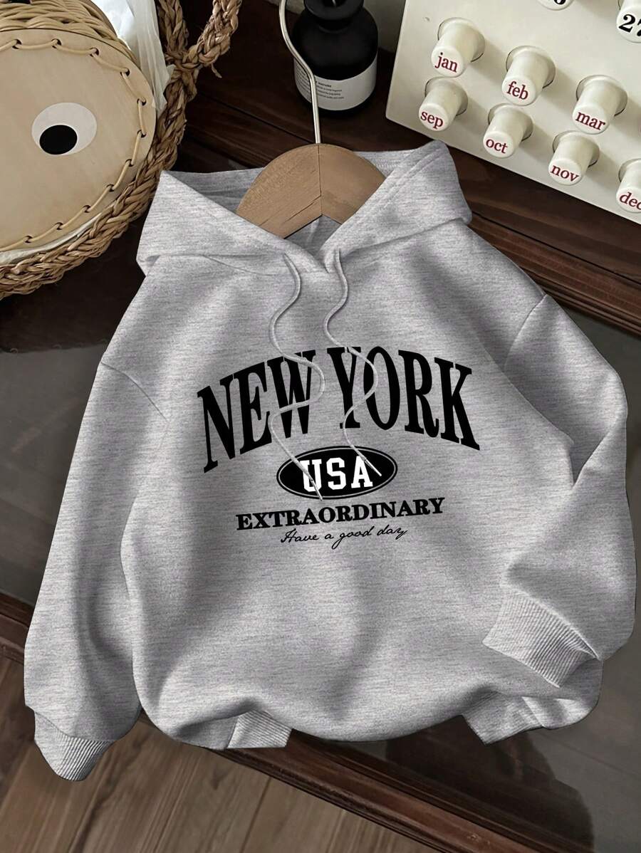 SHEIN EZwear Sudadera holgada de manga larga con capucha y estampado de letras de estilo minimalista casual para mujer