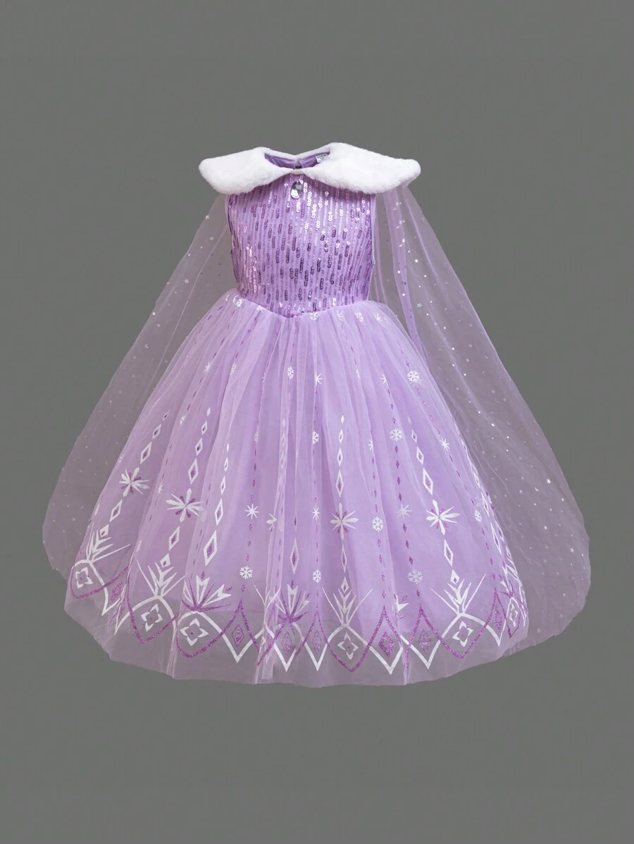 Glamorique Kids Young Girl Princess Dress, Purple Snowflake Print Mesh Fluffy Skirt, White Fur Collar Sequin, Star & Moon Cape, European & Stage Performance Costume, Flower Girl Dress