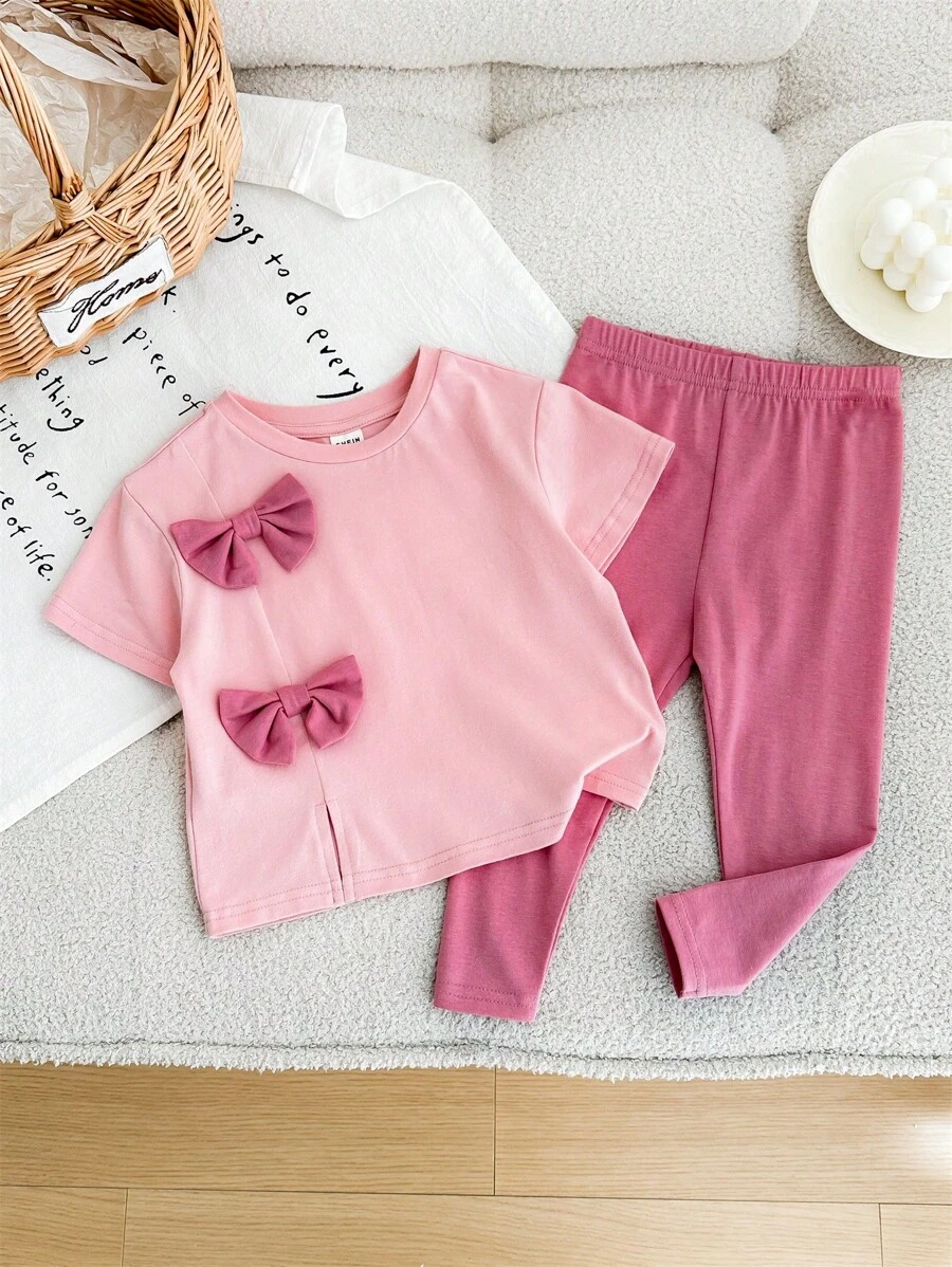 Conjunto de 2 piezas para bebé niña con blusa de manga corta y lazo rosa, y pantalones para verano