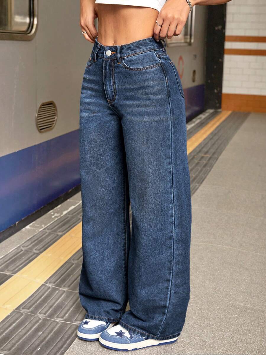 SHEIN PETITE Women's Simple Front Button Pocket Denim Jeans, Casual Daily Wear