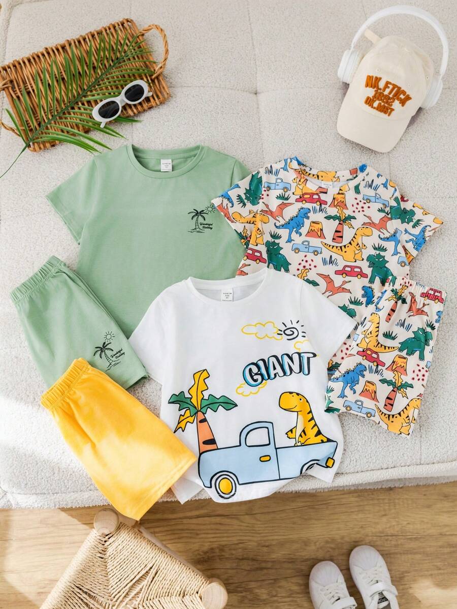 6 paquetes de camisetas de cuello redondo con estampado completo de dinosaurios y animales, casuales, universitarias, cómodas, de moda, simples y prácticas para niños pequeños