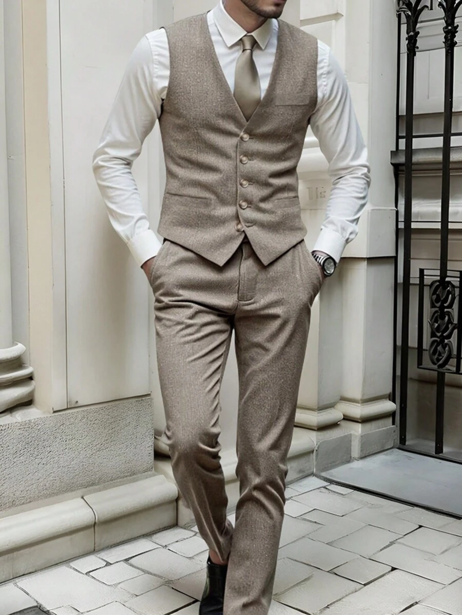 Manfinity Mode Plus Size Men's Simple Fashion Casual Vest And Trousers Set, Daily Wear