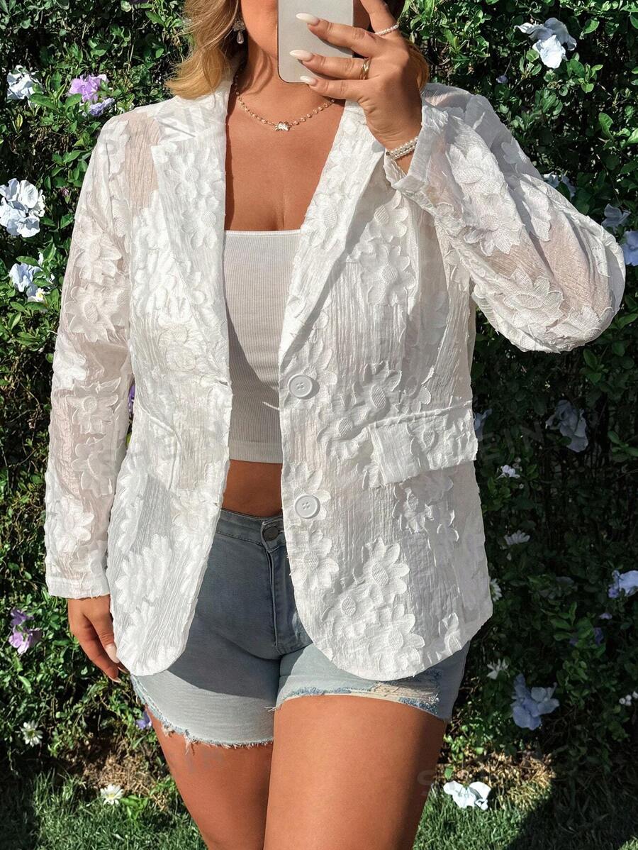 Celure Chaqueta de traje con corte láser translúcido y textura de moda francesa para mujer, de talla grande