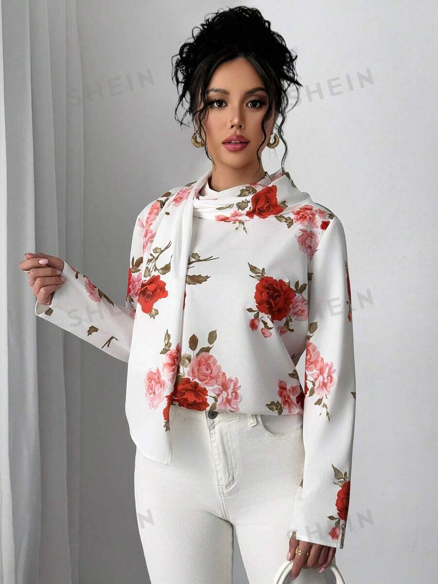 Calvaya Camisa de mujer con patrón de rosa y cuello de bufanda, manga larga, elegante