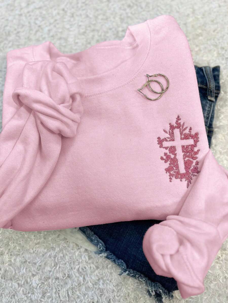 SHEIN EZwear New Embroidered Floral Cross Stitch Sweatshirt / Religious Based Robe / Christian Hoodie / Loose Fit Casual Women Pullover For Spring Easter Graduation,Back To School Outfits,Graduation,Teacher Outfits For Women,Back To School