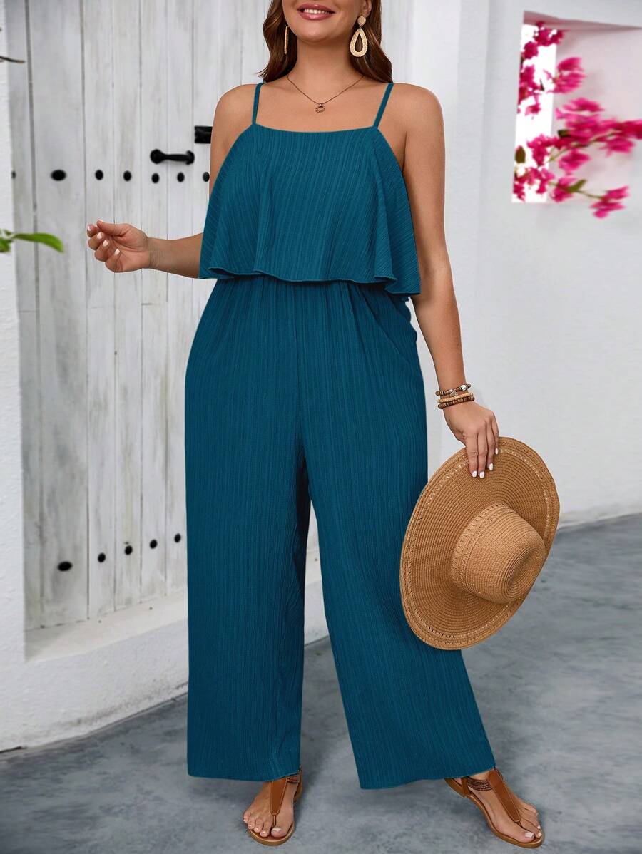 SHEIN VCAY Plus Size Solid Color Casual Jumpsuit, Simple And Stylish For Everyday Wear - Teal Blue - View 1