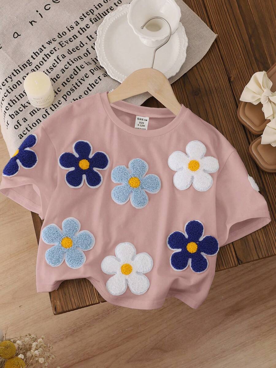 SHEIN Baby Girl Casual Floral Applique Short Sleeve Top