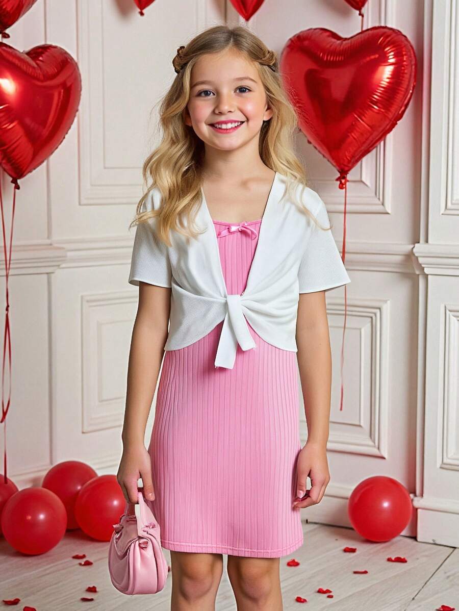 SHEIN Wildeya Set de 2 piezas para niña preadolescente: Blusa de manga corta con lazo y vestido con tirantes con lazo, versátil para el Día de San Valentín, vacaciones, primavera, otoño, verano, uso escolar, temporada de bodas, con diseño floral/decorativo