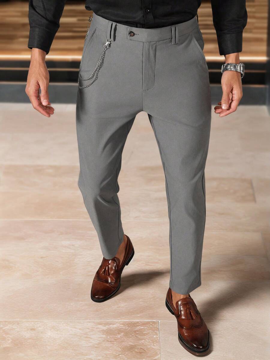 Manfinity Mode Pantalones casuales de corte recto y cómodo con bolsillo con solapa para hombres, ideales para ir al trabajo