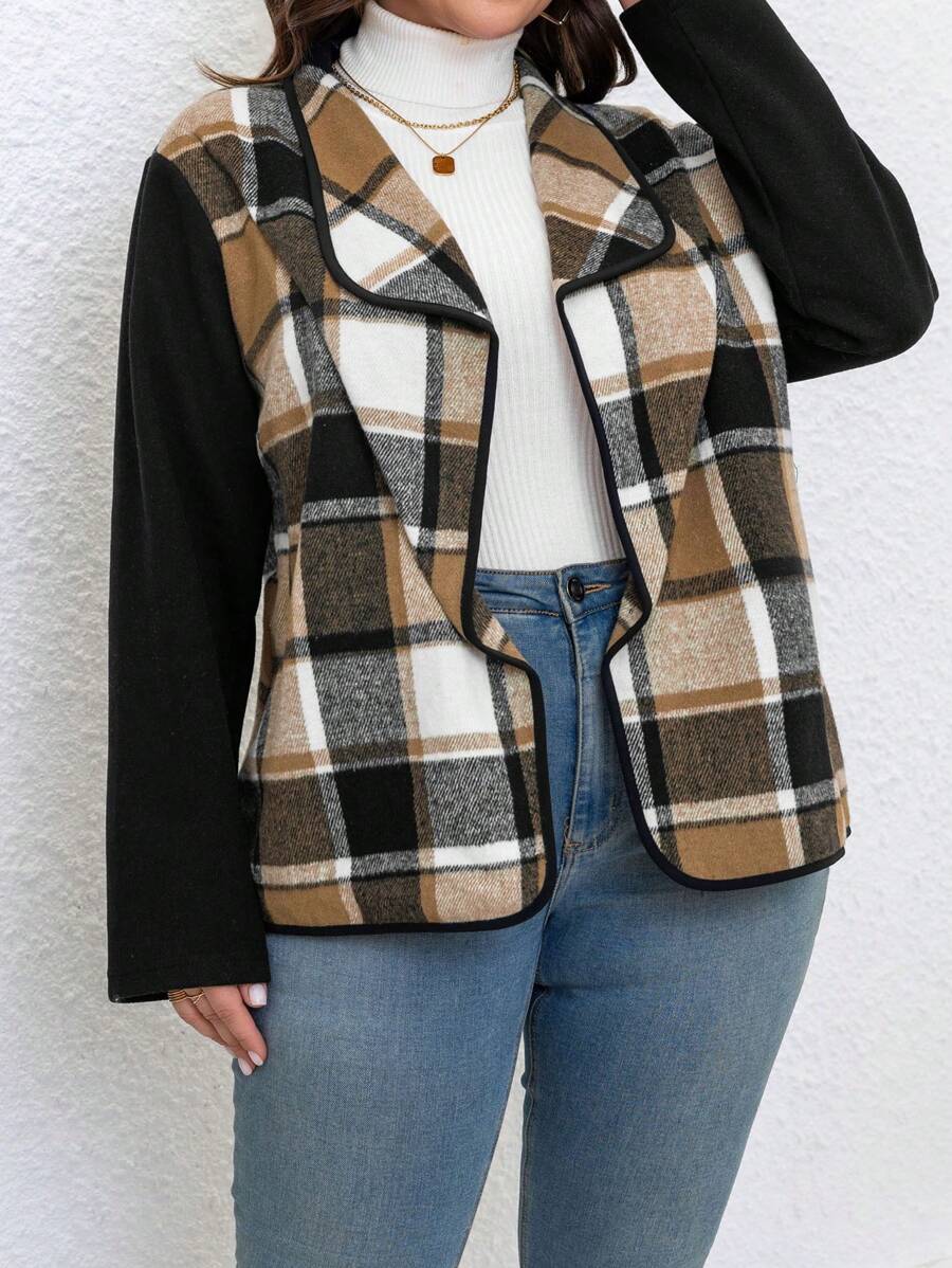 SHEIN LUNE Plus Size Women Plaid Patchwork Long Sleeve Casual Jacket, Autumn
