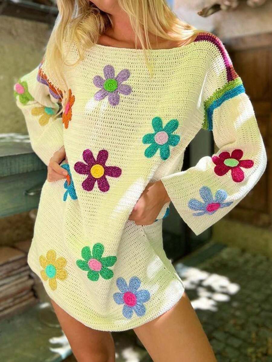 New Boho Floral Embroidered Knit Sweater Dress