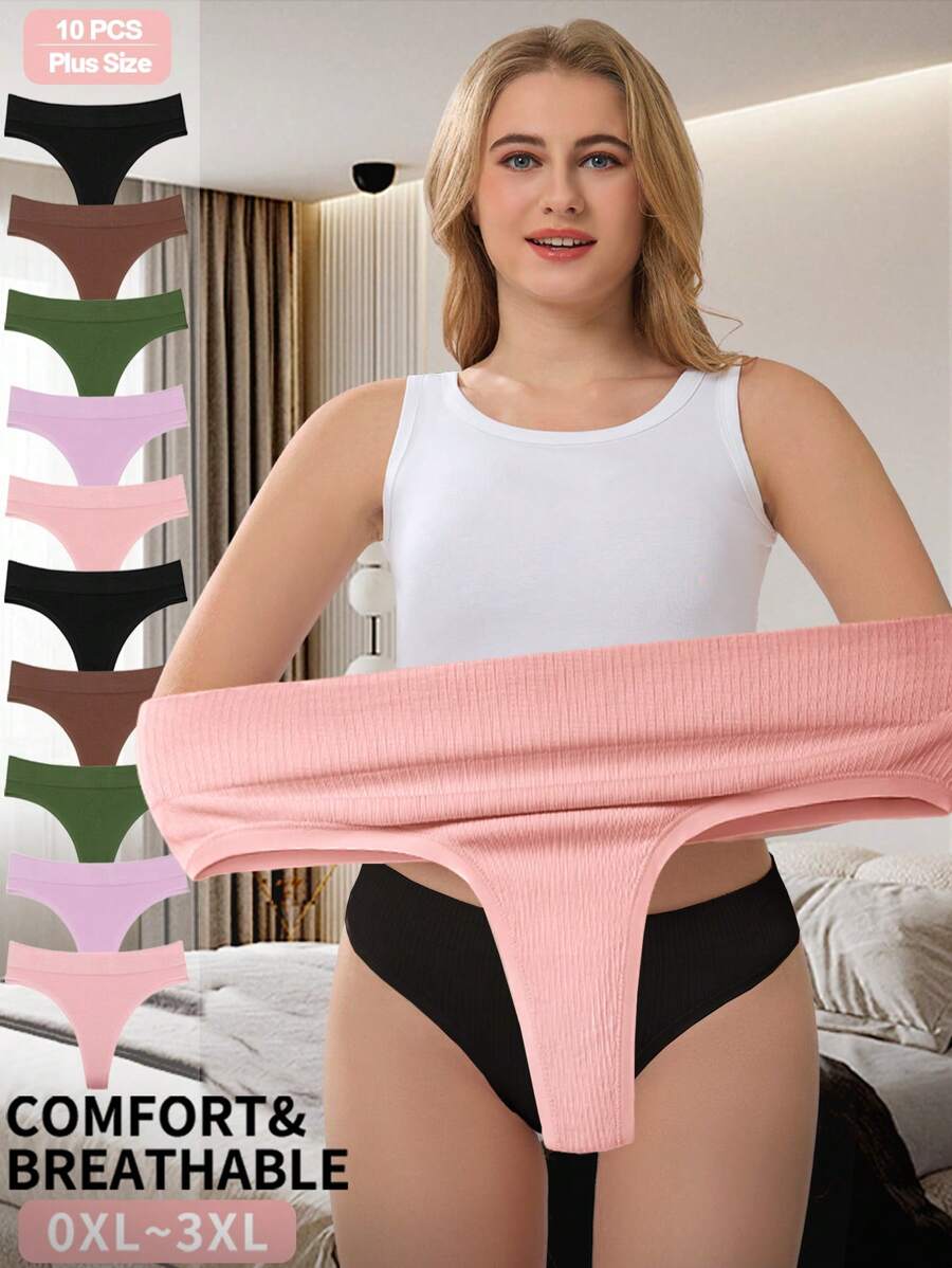 Set de 10 tangas de ropa interior sin costuras y de unicolor para mujer talla grande