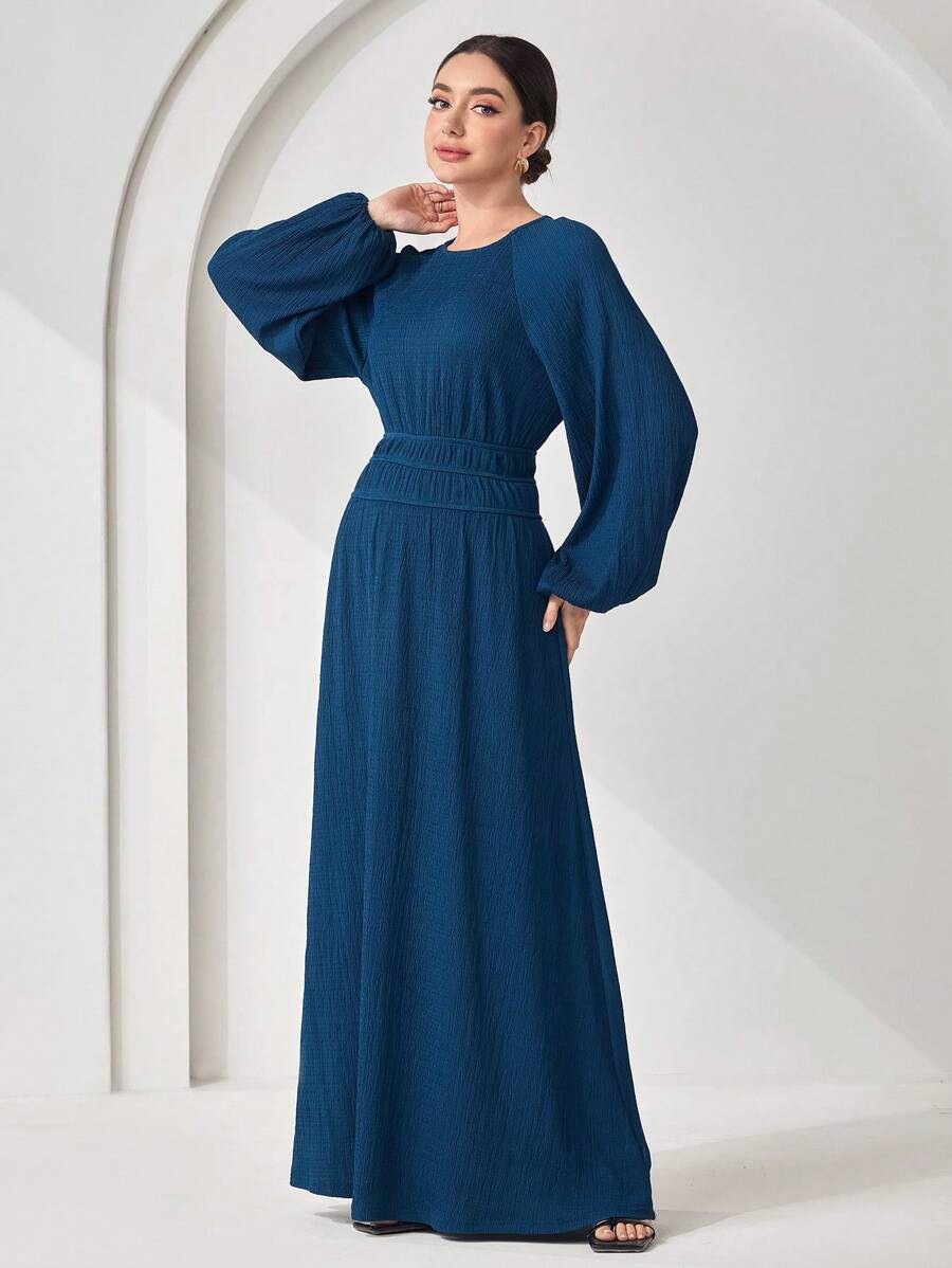Veilorie Vestido maxi modesto de unicolor con cuello redondo y manga larga, estilo minimalista y casual para mujer