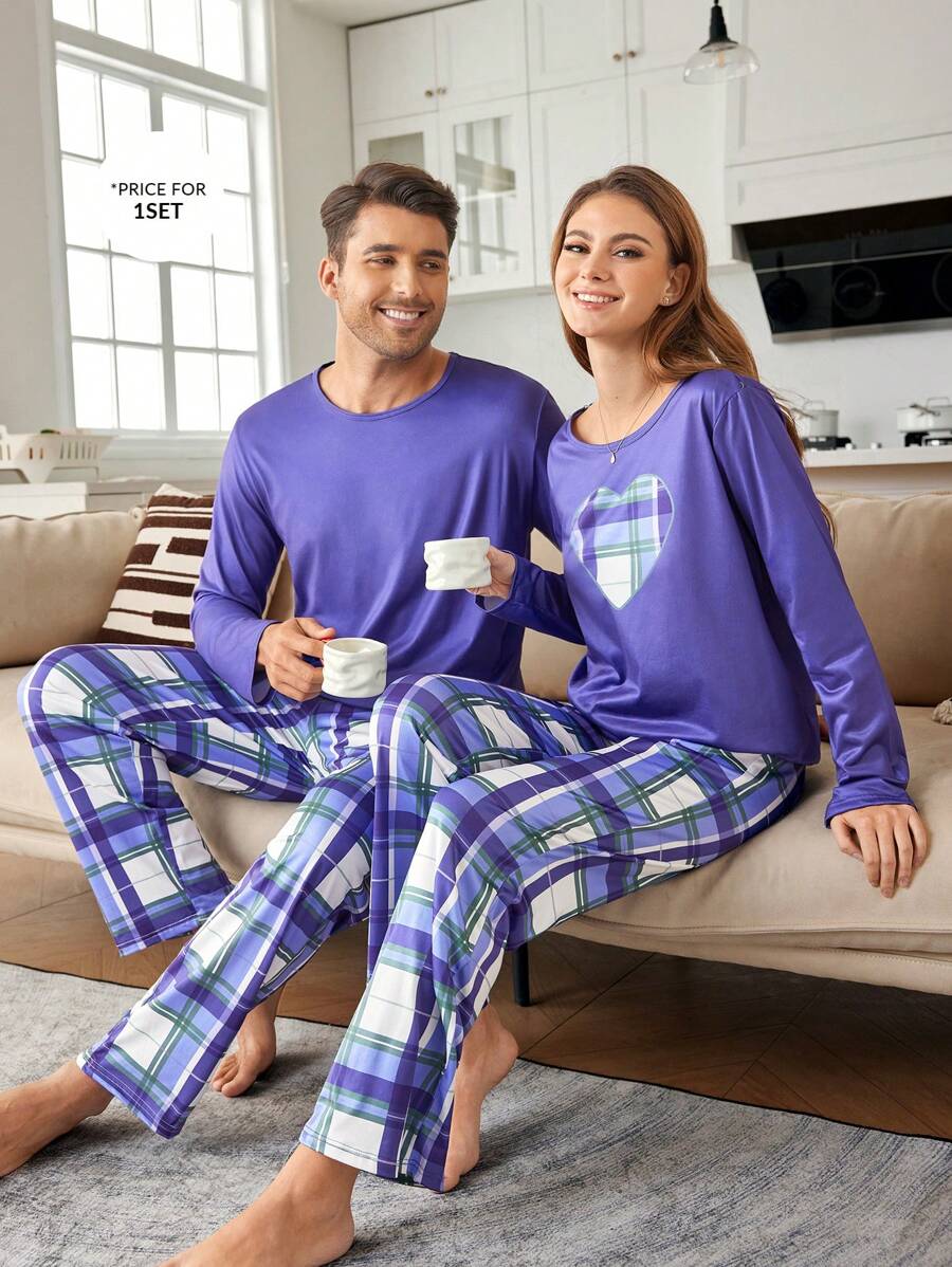 CoupledUp Conjunto de pijama casual de manga larga a cuadros y de color block para hombre