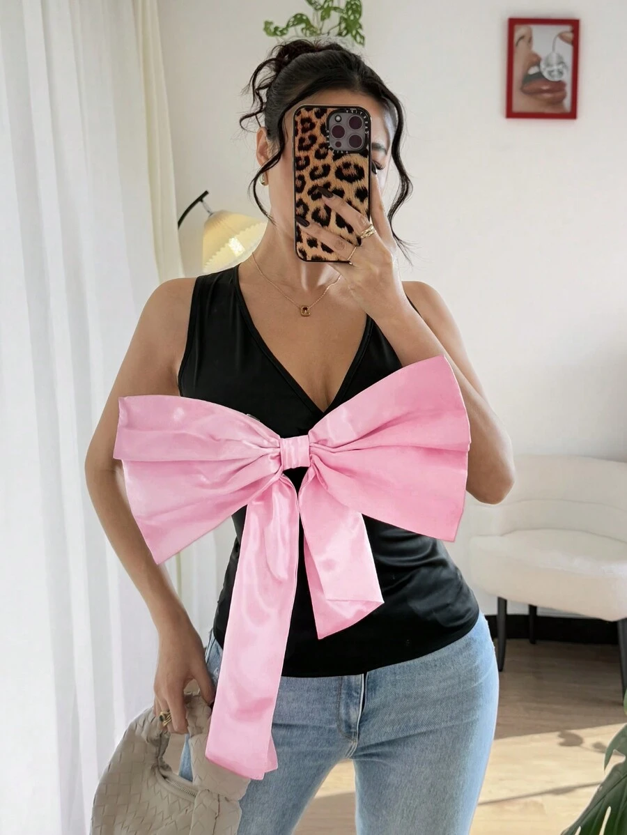 Calvaya Women's V-Neck Sleeveless Contrast Color Pink Bow Decor Blouse