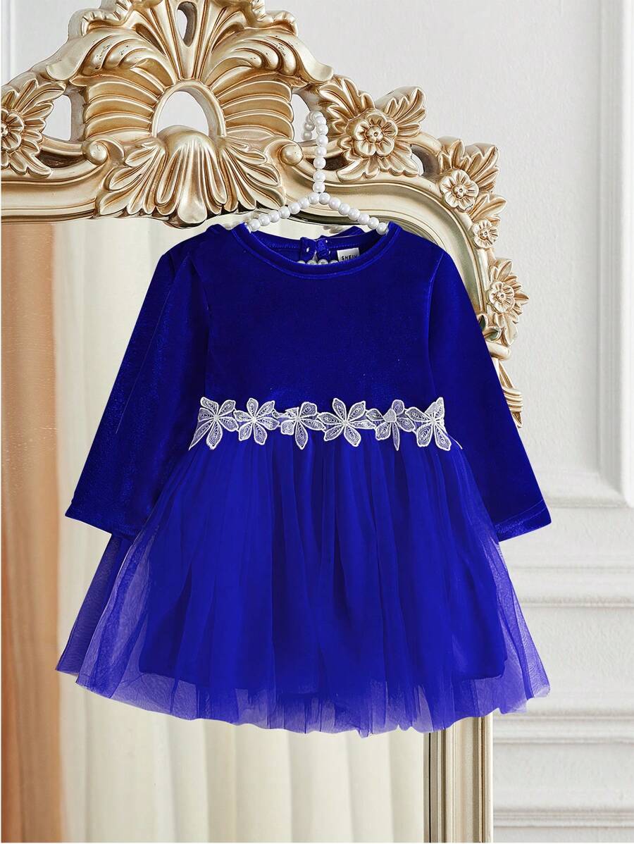 SHEIN Christmas/Valentine's Day Baby Girl Velvet Mesh Patchwork Princess Dress