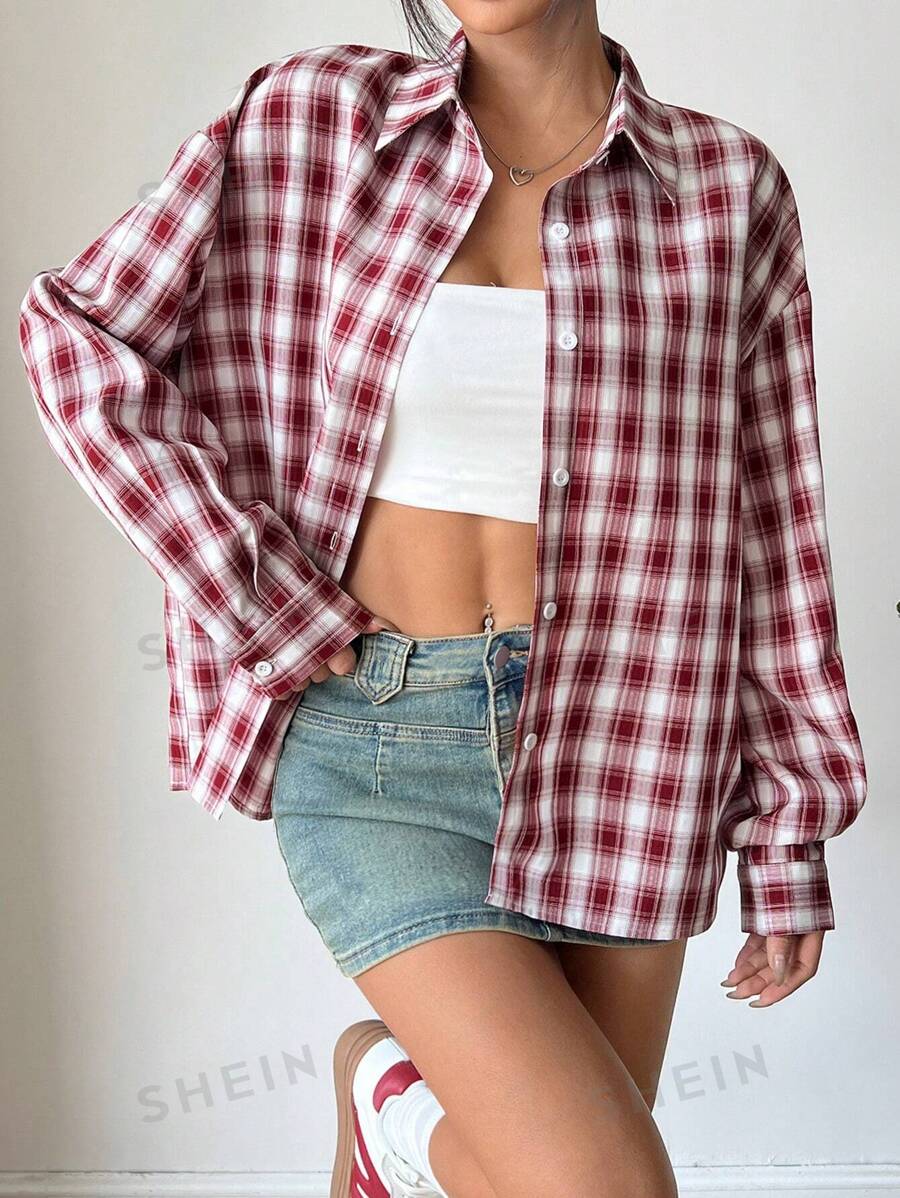 Flirla Camisa de manga larga a cuadros de estilo urbano casual para mujer