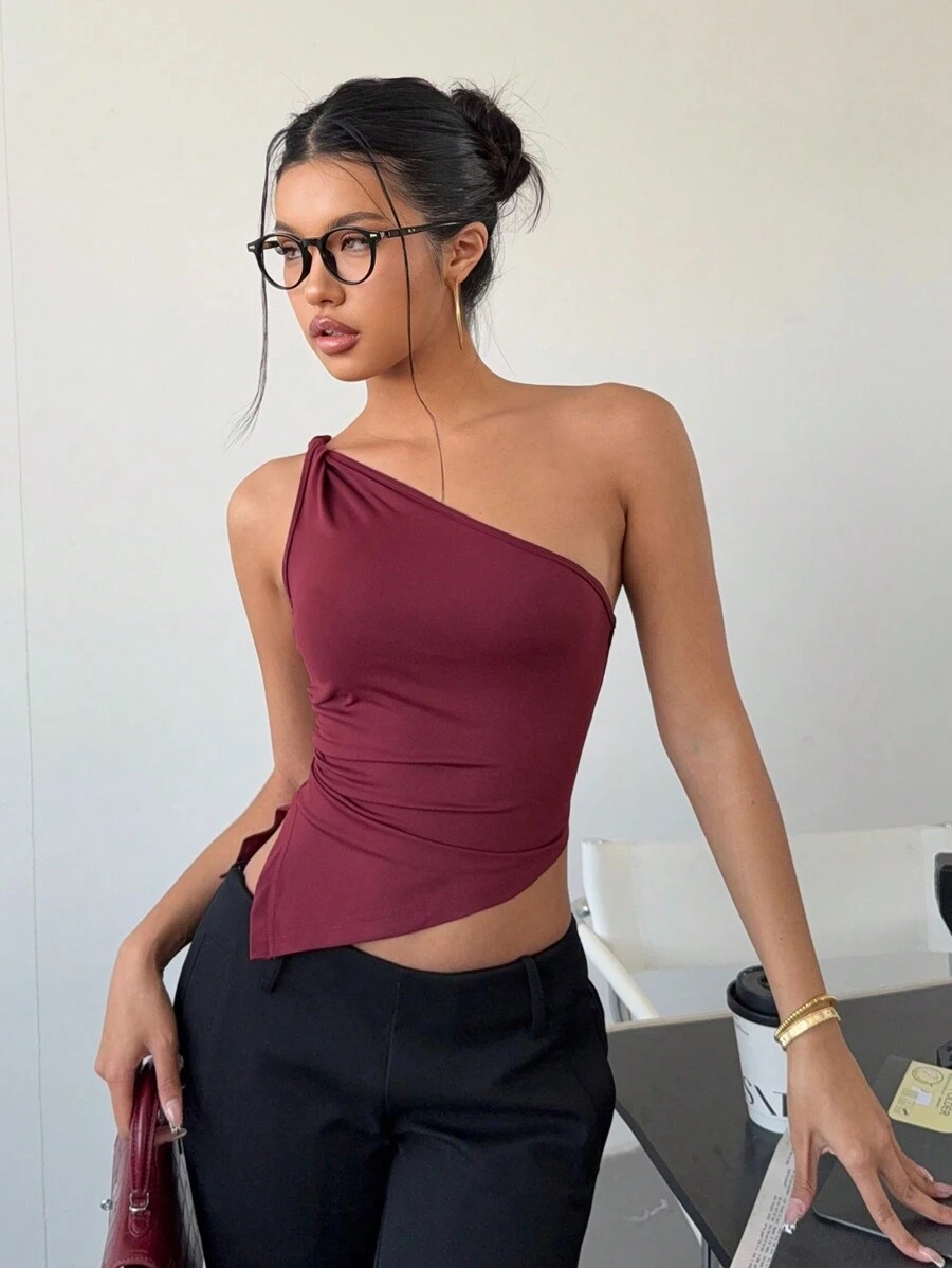 Siren Gaze Elegante top slim da donna con una spalla, a torsione, di colore rosso bordeaux, adatto per il San Valentino