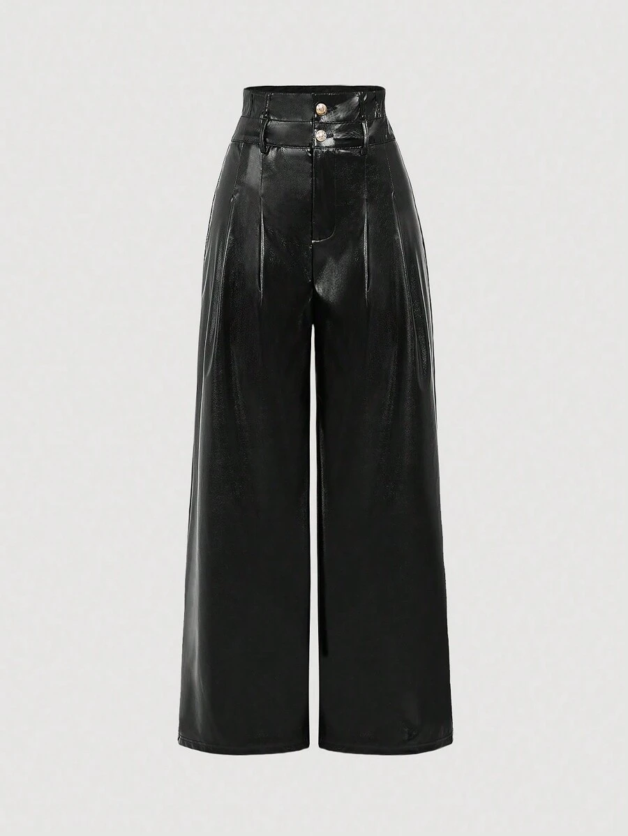SHEIN MOD Women's Fashion High Waist Double Waistband Design Leather Wide Leg Pants