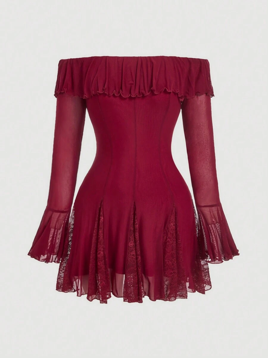 SHEIN MOD Plus Size Vintage Wine Red Long Sleeve Contrast Lace Party Dress