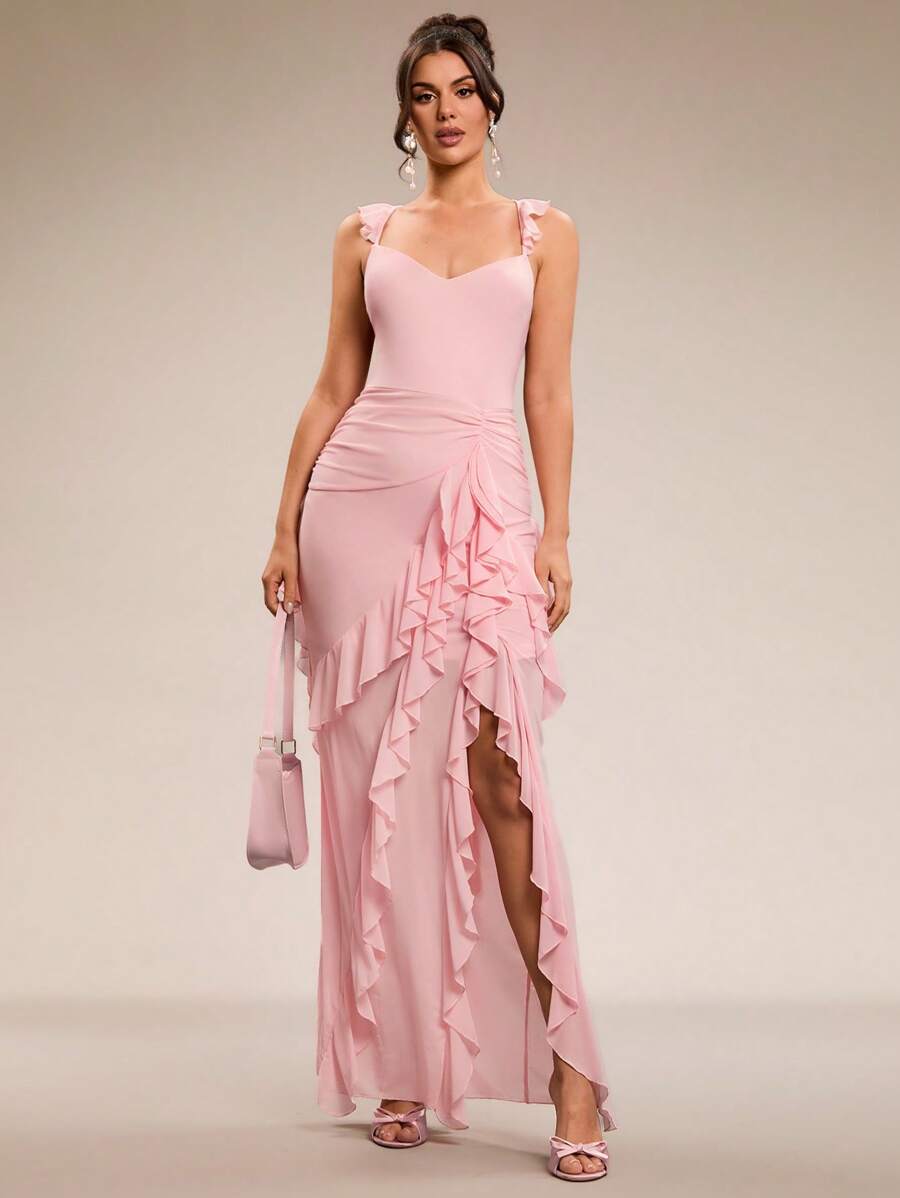 SHEIN BAE Vestido de novia de boda súper largo con espalda descubierta y hoja de loto de color rosa sólido sexy, vestido de dama de honor, vestido para citas, vestido de fiesta, vestido de temporada escolar, vestido de vacaciones, vestido de cumpleaños, vestido para salir de noche, ropa de verano para mujer, ropa de primavera, atuendo para el Día de San Valentín, carnaval, atuendo de vacaciones en la playa