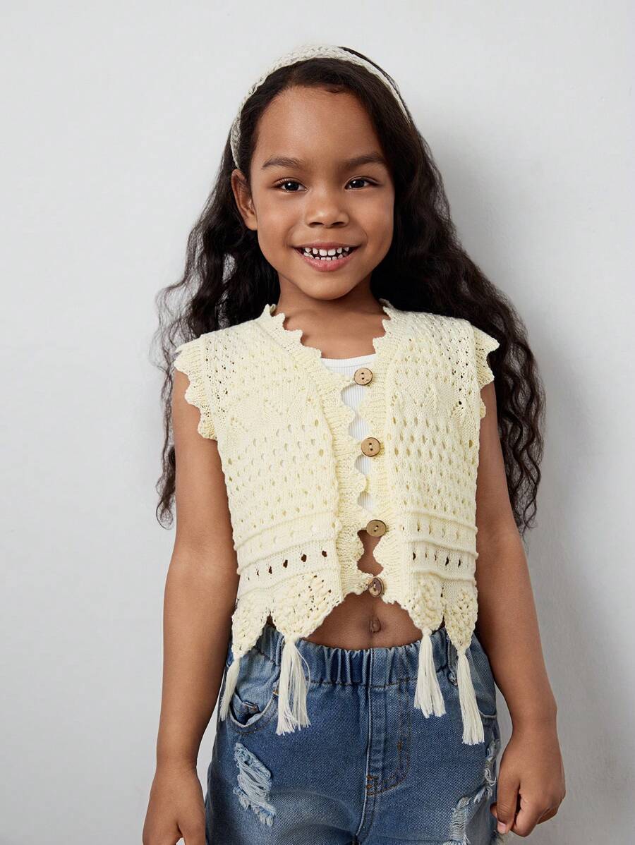 Maija Kids Maija Kids Spring/Summer Young Girl's Solid Apricot Hollow Out Crochet Sleeveless Floral Hem Casual Knit Short Cardigan, Versatile For Outdoor, Beach,