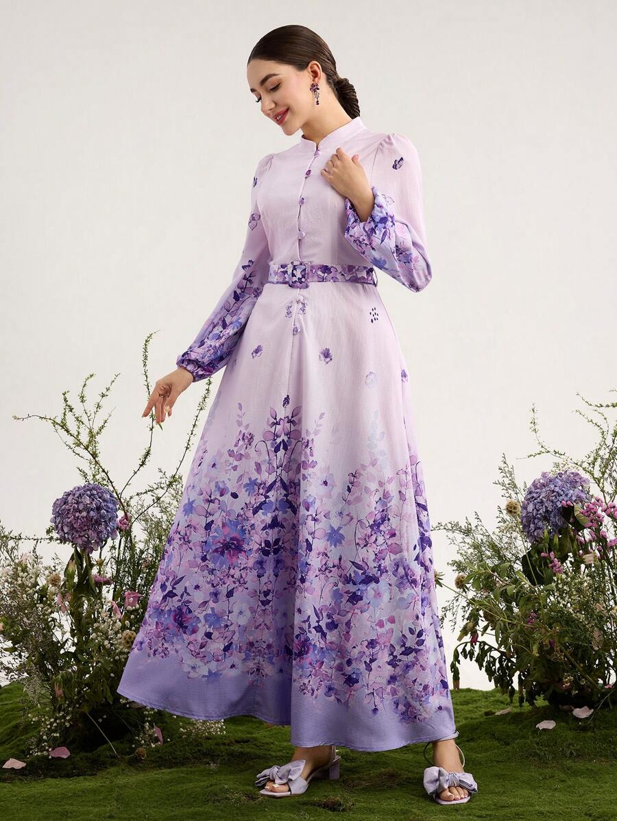 Graceveil Stand-Collar Print Dress With Belt