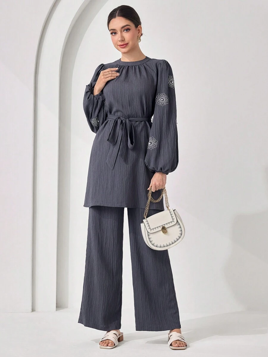 Veilorie Women Floral Embroidered Lantern Sleeve Top And Pants Arabic Style 2 Pieces Set,Modest