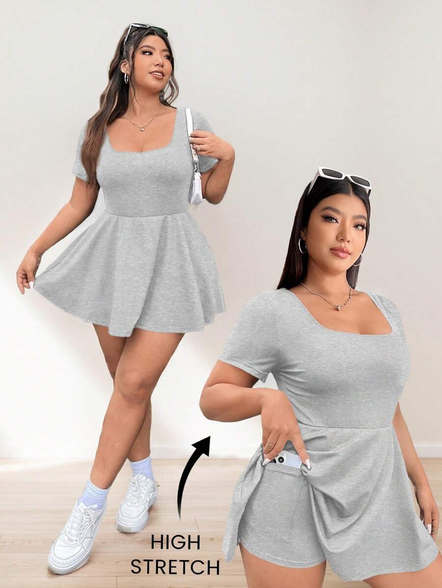 SHEIN EZwear Plus Size Women's Versatile Short Sleeve A-Line Ruffle Hem Dress, School, Outdoor, Indoor Sports, Yoga, Casual Daily Wear, Light Grey, Moisture-Wicking, Quick-Dry, Comfortable Stretch Fabric, With Pockets, Opaque
