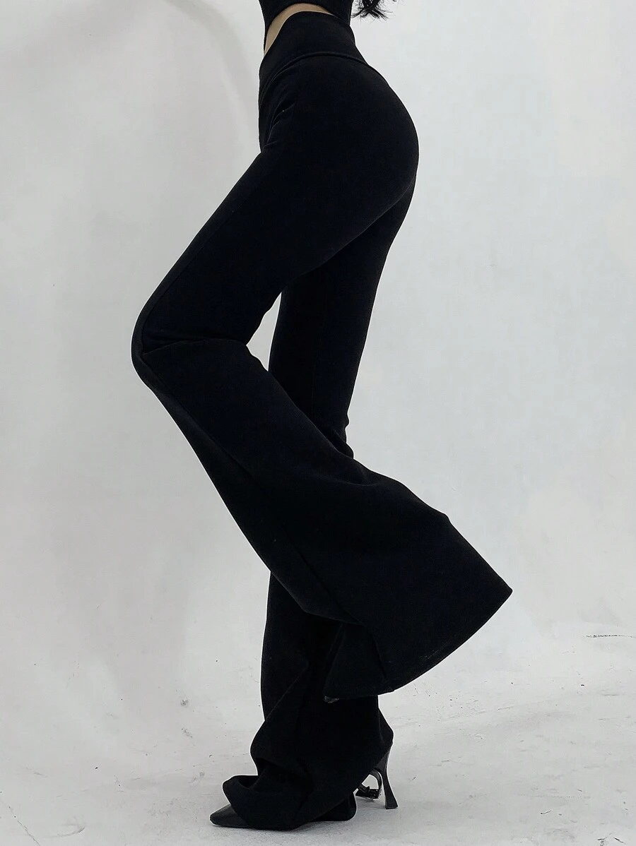 Strévra Women High Stretch Solid Color Simple Skinny Flare Pants, Casual Daily Wear