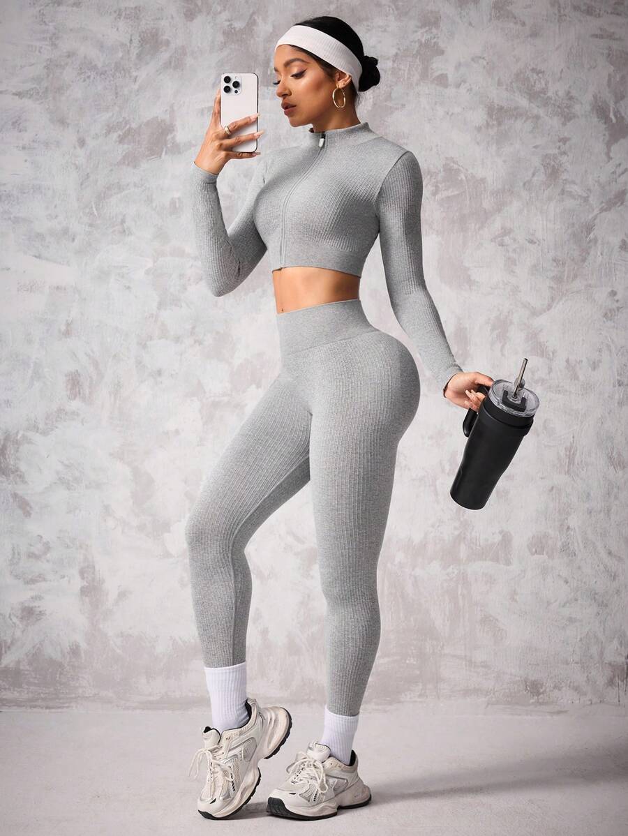 SHEIN Sport Studio Seamless Zipper Front Long Sleeve 3/4 Leggings / Yoga / Sports / High Waist Figure Shapingwomen Workout Set