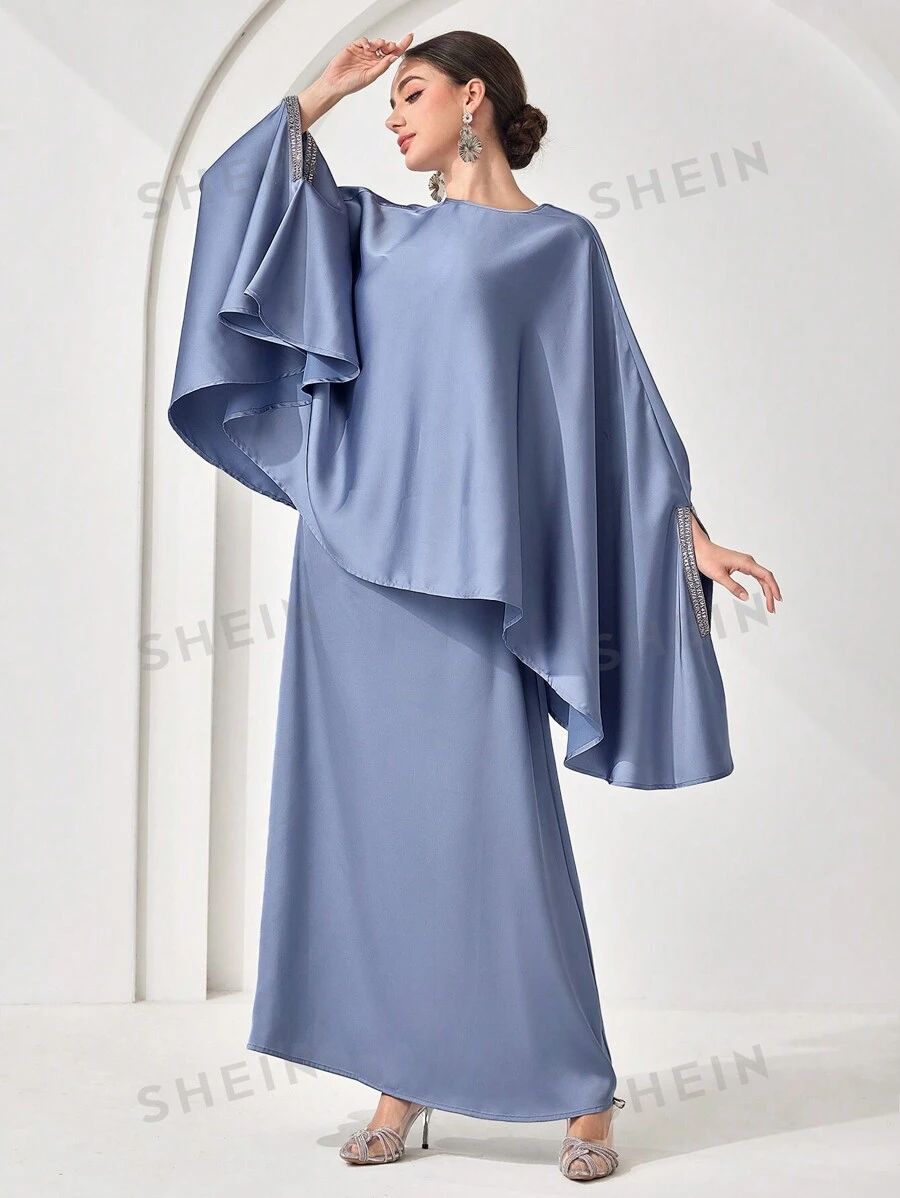 Veilorie Conjunto de top de manga tipo murciélago y falda elegante para mujer, conjunto de estilo árabe
