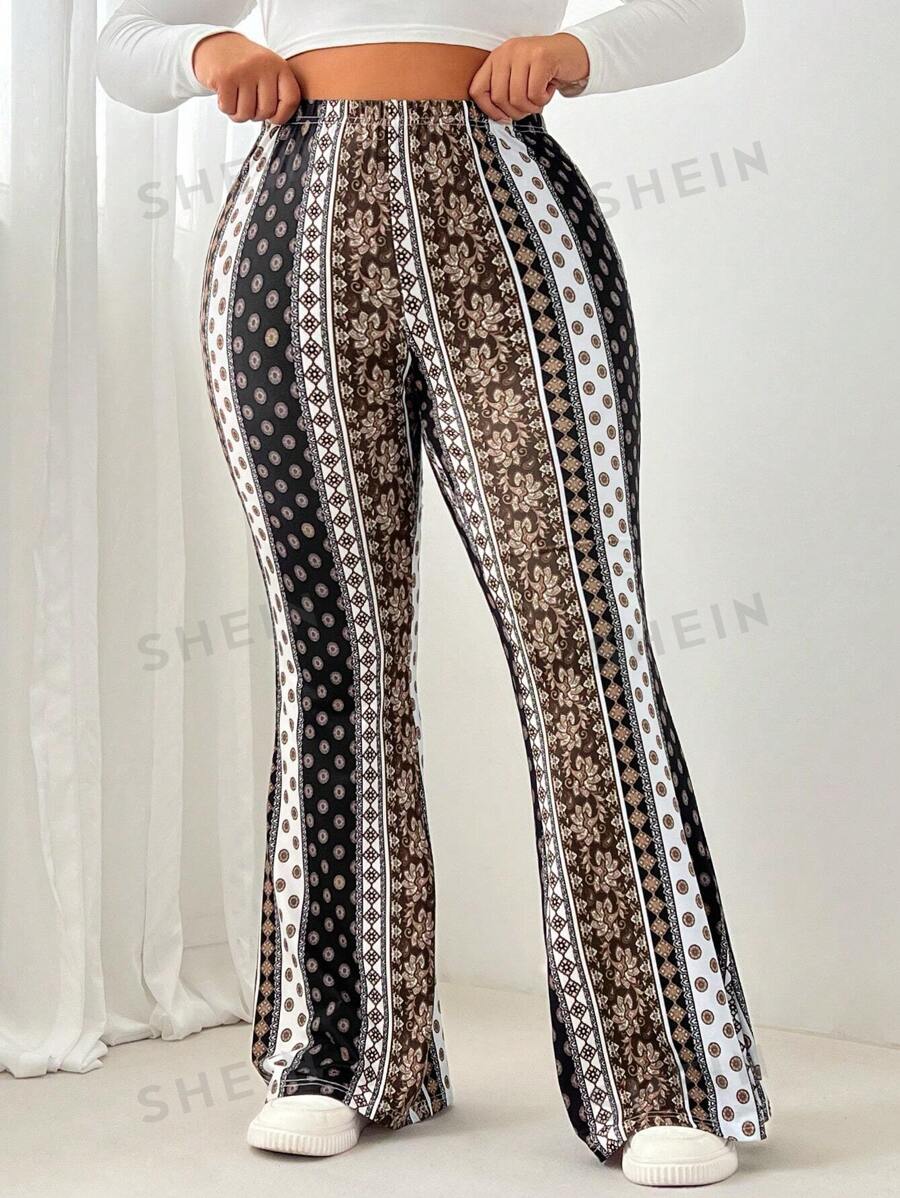 SHEIN EZwear Pantalones acampanados de talla grande con estampado retro a color block