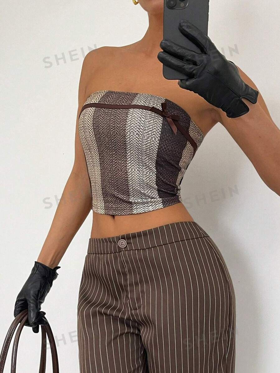 SHEIN Essnce Top bandeau con estampado de cuadros de color marrón y patchwork, atuendo de oficina inspirado en la sirena