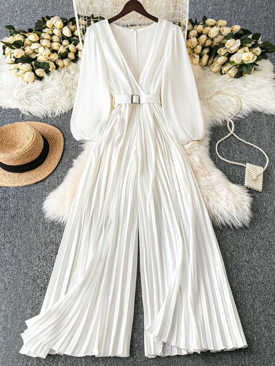 SHEIN LUNE New Elegant Chic Minimalist Balloon Sleeve Jumpsuit Women, V-Neck Cinched Waist Long Wide Leg Pleated Pants