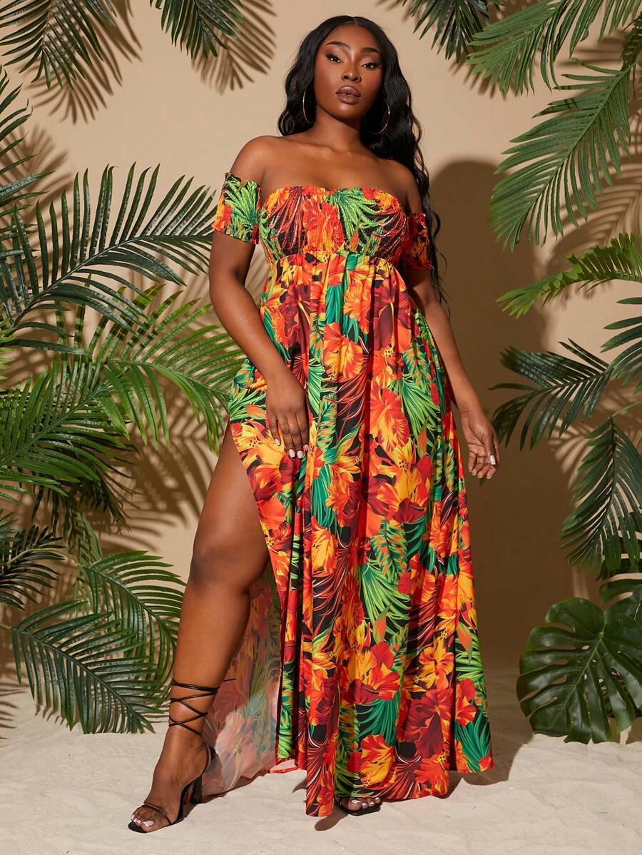 SHEIN SXY Vestido largo casual con estampado floral, manga corta, hombros descubiertos y bajo dividido, tallas grandes