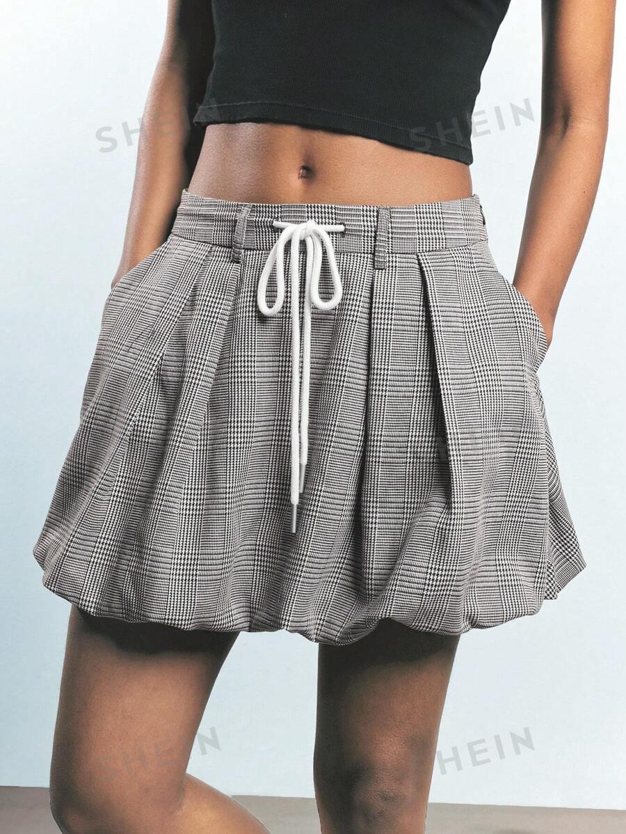 Maija Falda plisada con cintura anudada a cuadros gris, tipo línea A, con bolsillos laterales, casual y versátil para primavera, verano y otoño