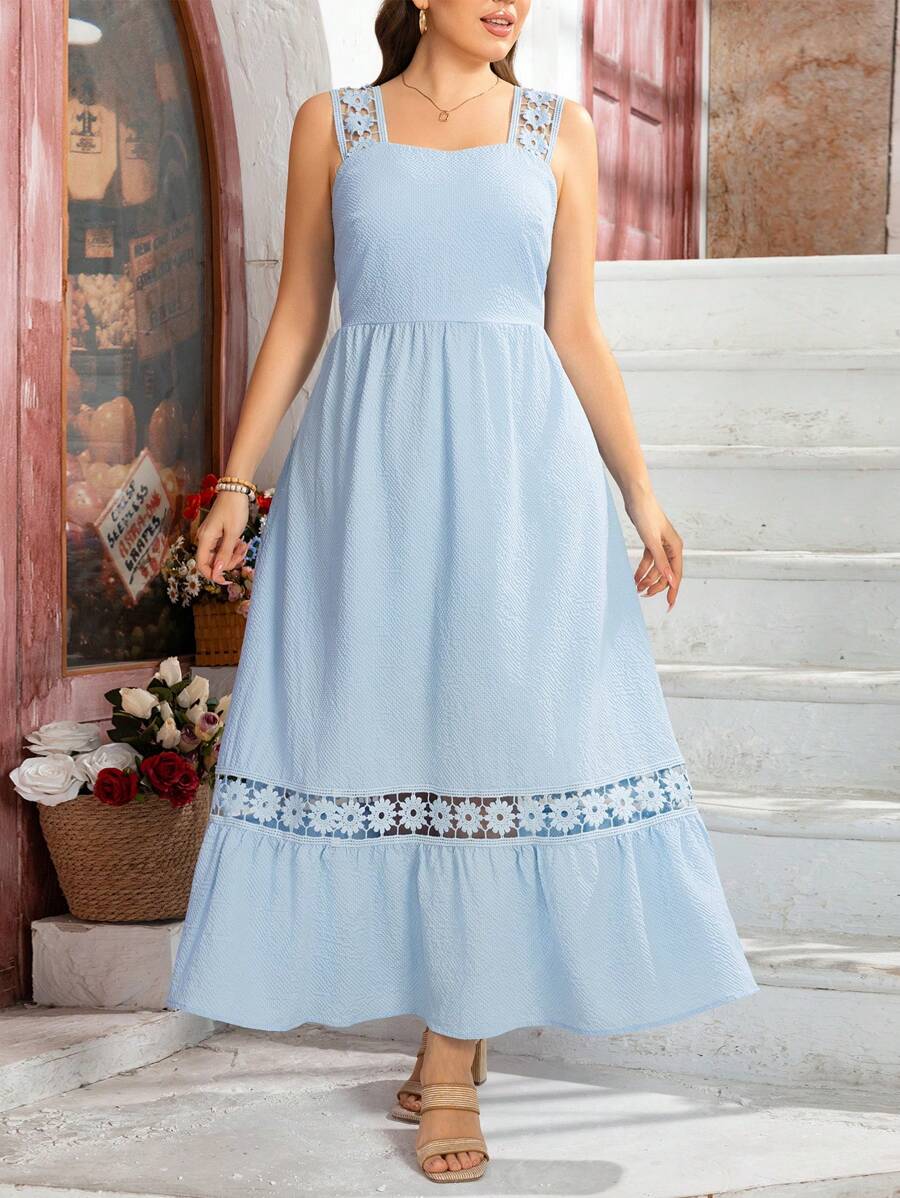 Breezaya Plus Size Women's Valentine's Day Woven Lace Patchwork Sleeveless Regular Fit Elegant Blue Midi Dress, Summer Outfits For Women, St. Patrick's Day Rave Outfits, Spring Break Outfits, St. Patrick's Boho