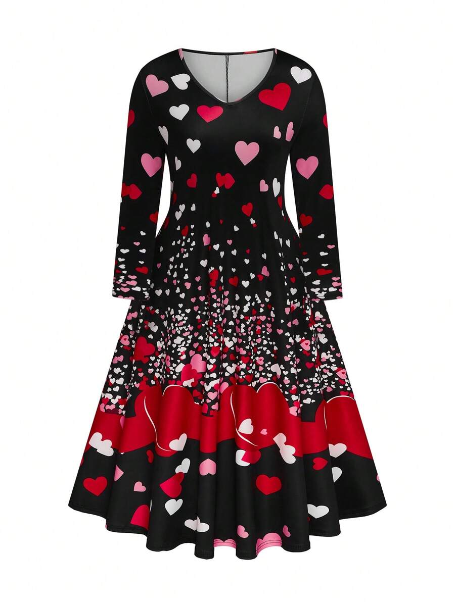 SHEIN LUNE Plus Size Women's Valentine's Day V-Neck Heart Print Long Sleeve Dress