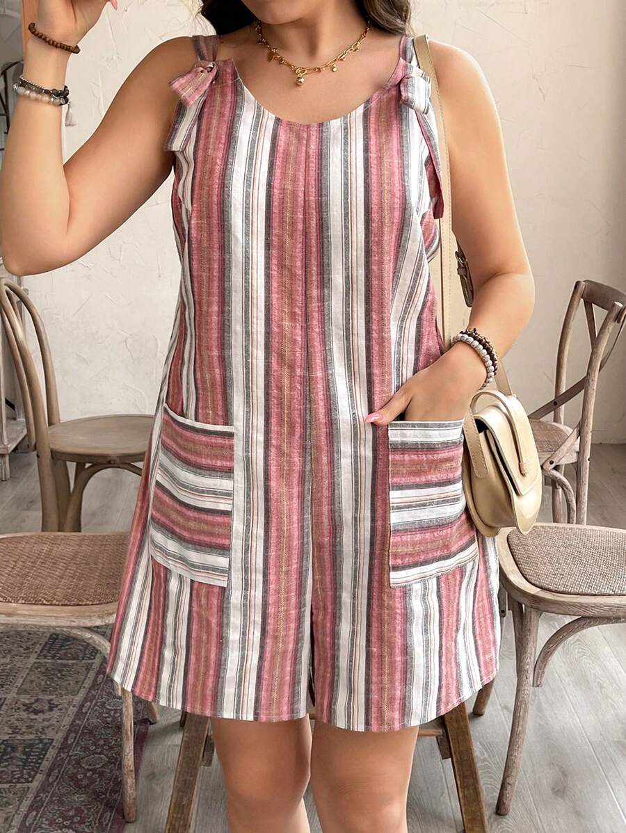 SHEIN LUNE Plus Size Summer Casual Holiday Striped Pocket Romper