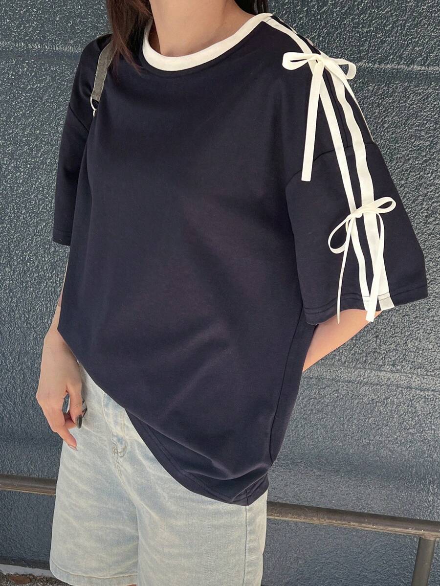 FRIFUL Women's Black Loose T-Shirt With Contrast Bow Tied Collar, Sweet Style, Summer