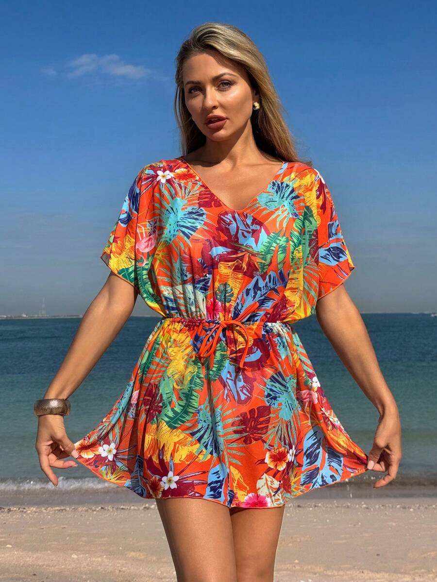 Swim Lushoire Mature Fashion Self-Tie Waist Loose Summer Beach Cover Up Swimsuit