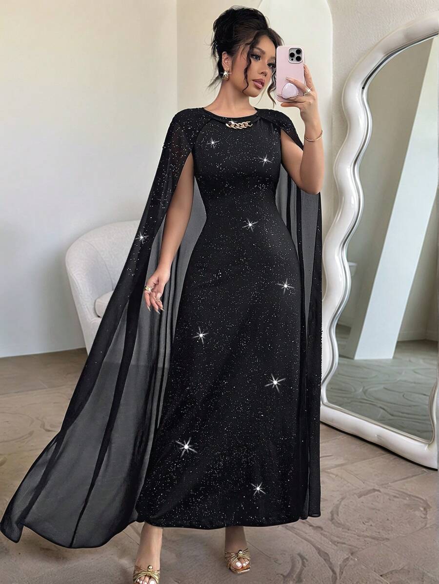 Calvaya Women's Holiday Gathering Party Banquet Solid Chiffon Sequin Cape Dress Black Round Neck Metal Button Decoration Long Slim Elegant Dress Women's Dress