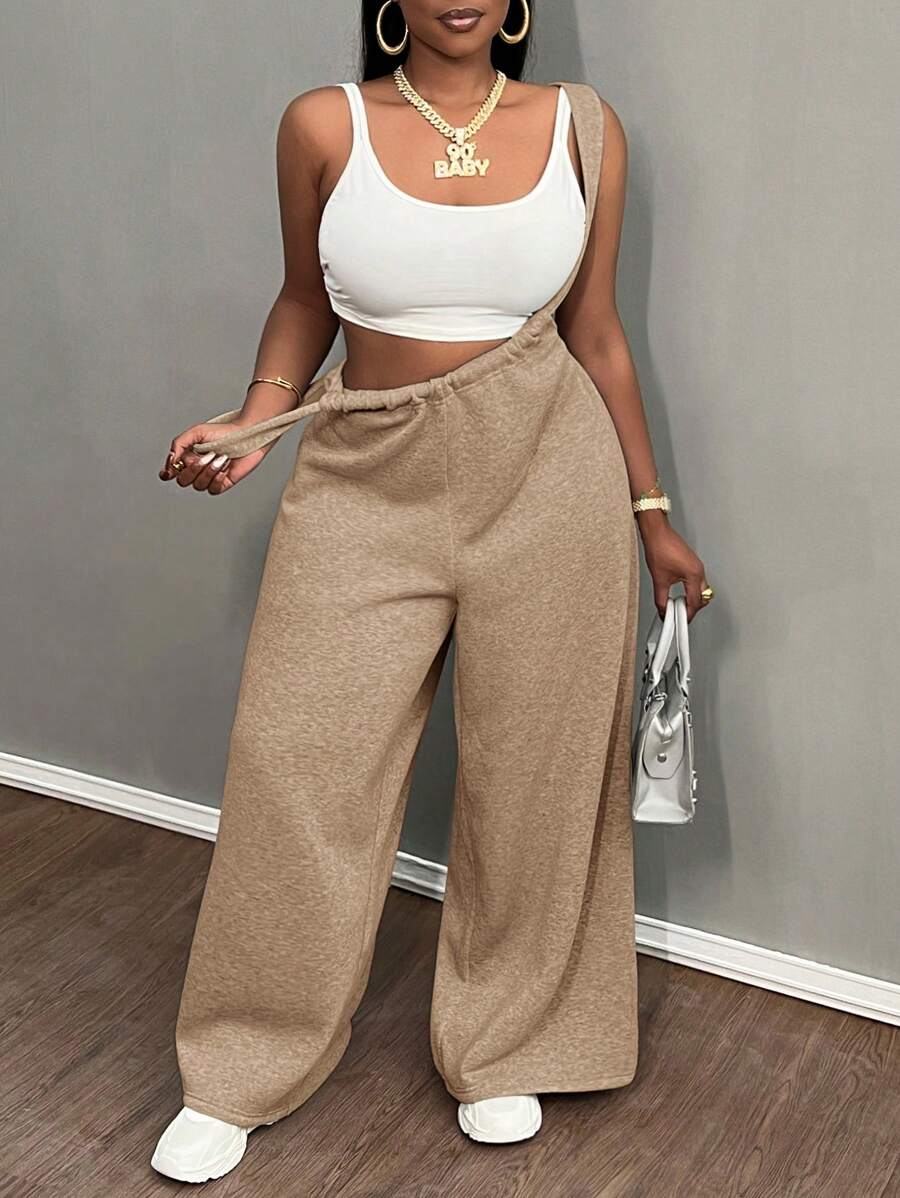 Slaydiva Plus Size Khaki Solid Color Elastic Waist Wide Leg Casual Palazzo Pants,Flowy Pants